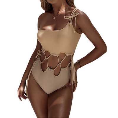 Set bikini sexy pentru femei, pe un singur umăr, bej, mozaic, cu cravată, costum de baie pentru femei, îmbrăcăminte de plajă, costum de baie, costum de baie de vară