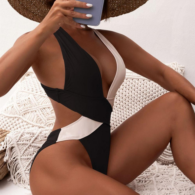 Costume de baie pentru femei Trendy No Constraint Monokini de vară Deep V Gât cu bretele încrucișate Costum de baie pentru femei Haine de surfing