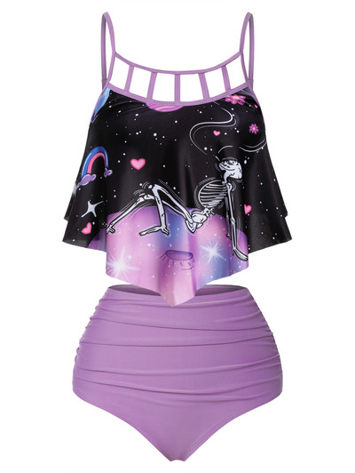 Fashion Skull Print Tankini ujumisriided, polsterdatud ülaosa kõrge vöökohaga püksid, kaheosaline komplekt, ujumiskostüüm Brasiilia bikiinid, uued