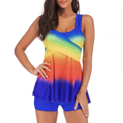 Suures suuruses naiste ujumistrikoo komplekt ujumisriided 2 tk/komplekt seljataga ujumistrikoo Seksikas plusssuuruses vikerkaareprintsiga tankiinikomplekt rannakandmiseks