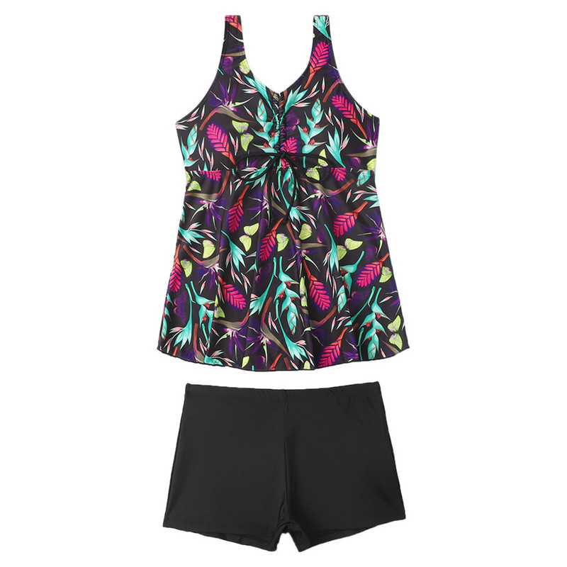 Γυναικείο Μαγιό Plus Size Leaf Printed Αμάνικο Two Piece Wear Μαγιό Tankinis Set Tummy Control Plus Size
