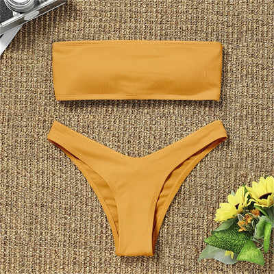 Bandeau bikini szett Női fürdőruha bordázott egyszínű szál bikini tangás fürdőruha pánt nélküli strandruha fürdőruha biquini