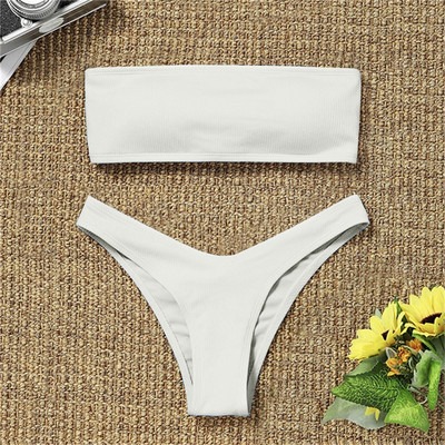 Bandeau Bikini Set Дамски бански костюми Оребрени едноцветни стринг бикини Прашки Бански костюм без презрамки Плажно облекло Бански костюм Biquini