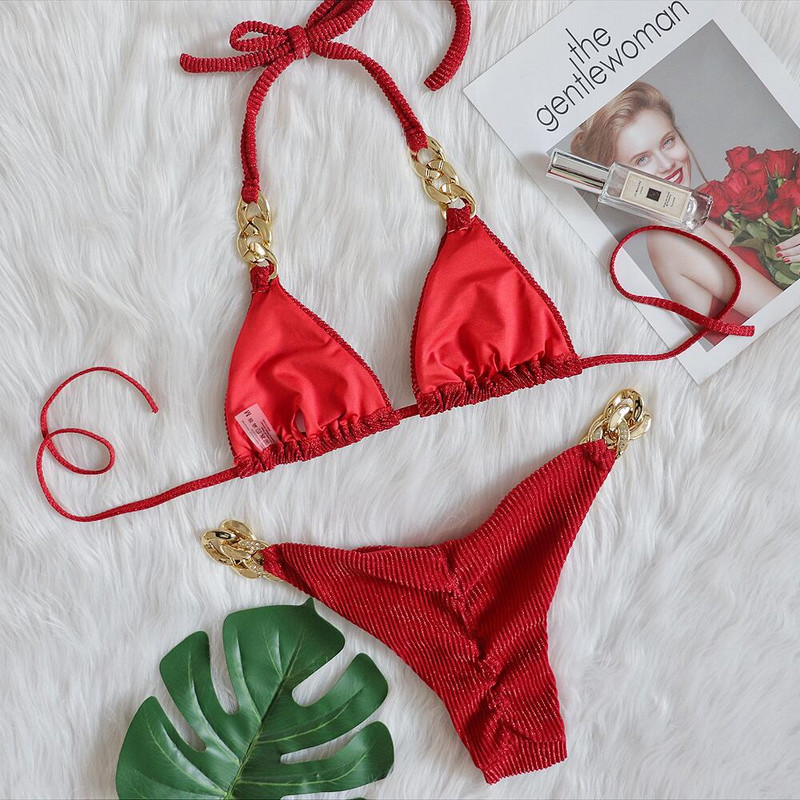 Naiste bikiinikomplekt 2 tk ujumistrikoo kuldne teemantkett rippuv kaelus rinnahoidja stringid ujumine suvine rand madala vöökohaga püksid 2022. aasta ujumisriided