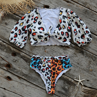 2022. aasta seksikad värvilised leopardbikiinid, naiste kõrge vöökohaga ujumistrikoo lühikeste varrukatega ujumisriided, rannariided, naiste bikiinid