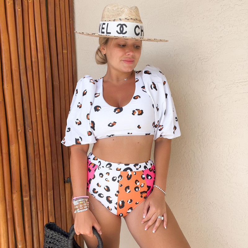 2022. aasta seksikad värvilised leopardbikiinid, naiste kõrge vöökohaga ujumistrikoo lühikeste varrukatega ujumisriided, rannariided, naiste bikiinid