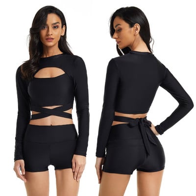 ARE 2023 Nou Costum de baie din două piese cu mânecă lungă pentru femei Rash Guard Costum de baie șiret pentru surfing Monokini Body Costume de plajă