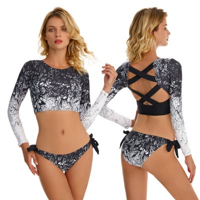 ARE 2023 Nou Costum de baie din două piese cu mânecă lungă pentru femei Rash Guard Costum de baie șiret pentru surfing Monokini Body Costume de plajă