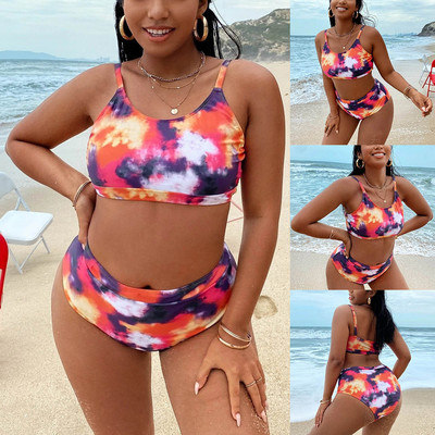 2023 Нови бикини Tie-dye Printing High Waist Split Fat Plus Plus Large Swimsuit Women Swimwear Beachwear Maillot De Bain Femme