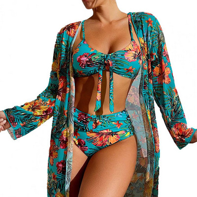 3 tk/komplekt Spagetti rihmad ees pits-up kõrge vöökohaga bikiinide kattekomplekt lillelised lehed prinditud rinnahoidja püksid pikkade varrukatega kampsun komplekt B