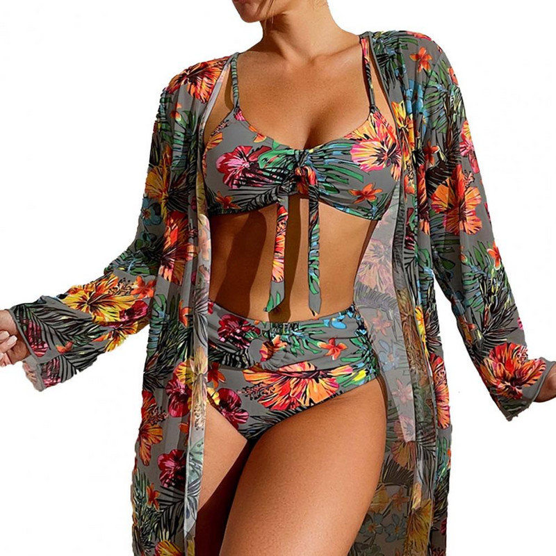 3 tk/komplekt Spagetti rihmad ees pits-up kõrge vöökohaga bikiinide kattekomplekt lillelised lehed prinditud rinnahoidja püksid pikkade varrukatega kampsun komplekt B