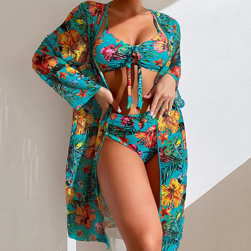 3 tk/komplekt Spagetti rihmad ees pits-up kõrge vöökohaga bikiinide kattekomplekt lillelised lehed prinditud rinnahoidja püksid pikkade varrukatega kampsun komplekt B