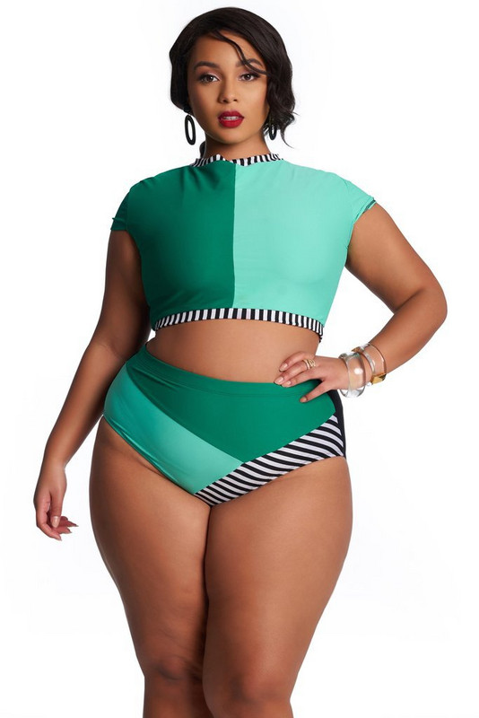 2019 Costum de baie mare pentru femei cu mânecă scurtă Plus Size XL-4XL Costum de baie cu fermoar cu gât înalt Set bikini pentru femeie Costume de baie mare cu talie înaltă