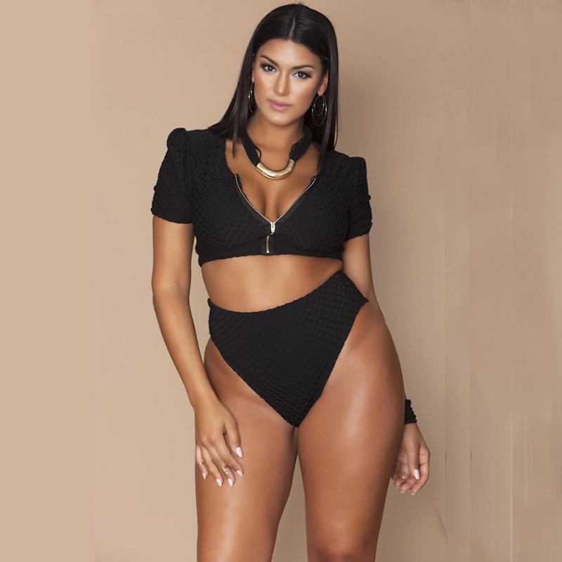 2019 Costum de baie mare pentru femei cu mânecă scurtă Plus Size XL-4XL Costum de baie cu fermoar cu gât înalt Set bikini pentru femeie Costume de baie mare cu talie înaltă