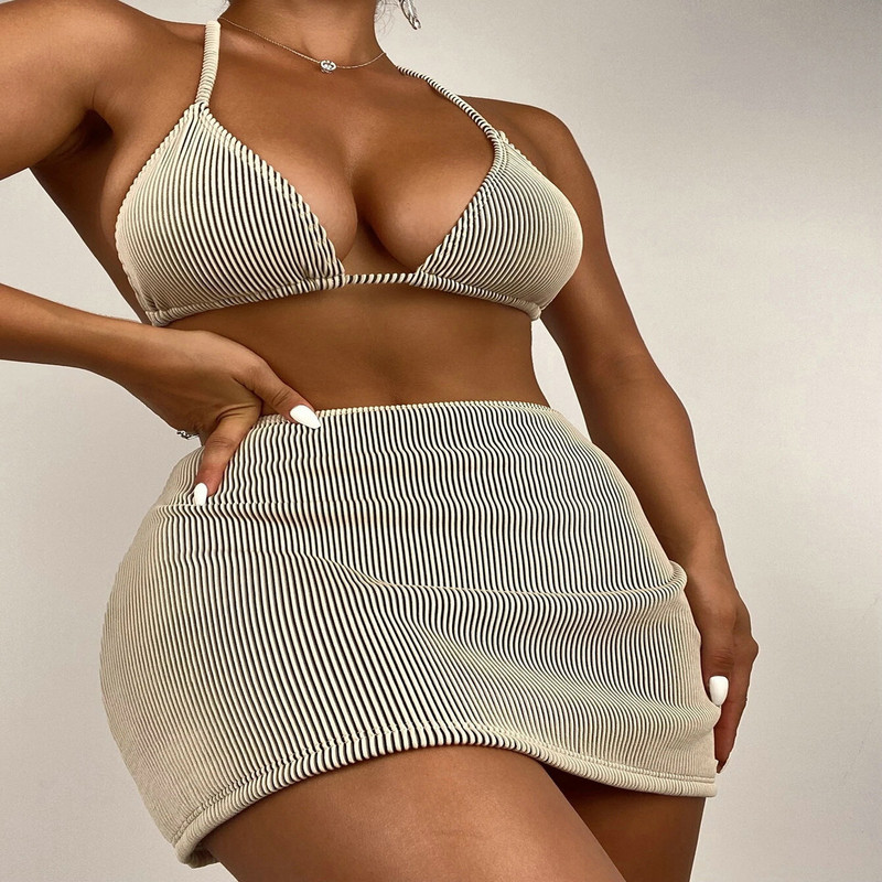 2023. aasta naiste rõivad ujumistrikoo Seksikas bikiinkostüüm Naiste kaheosaline kolmeosaline seelik, tüüp pitsitud triibuline bikiinide ujumistrikoo YD39