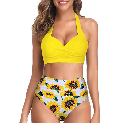 Női vintage fürdőruha Retro kötőfék, duzzasztott Push Up magas derekú mintás bikini szett kétrészes strandfürdőruha Купальники Женские