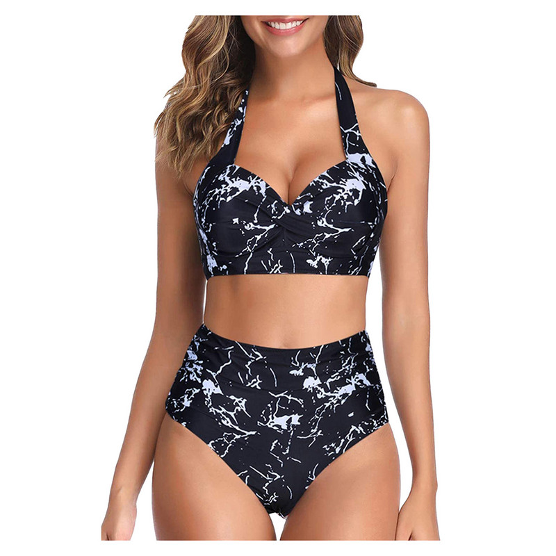 Női vintage fürdőruha Retro kötőfék, duzzasztott Push Up magas derekú mintás bikini szett kétrészes strandfürdőruha Купальники Женские
