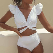 Ühevärviline sügava V-kaelusega volangidega lõhestatud ujumistrikoo Tankini naiste ujumiskostüüm, kaks osa, seksikas must plusssuuruses suvine rannariided 2022