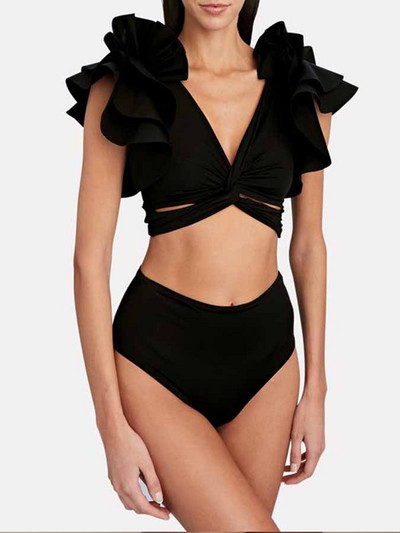 Ühevärviline sügava V-kaelusega volangidega lõhestatud ujumistrikoo Tankini naiste ujumiskostüüm, kaks osa, seksikas must plusssuuruses suvine rannariided 2022