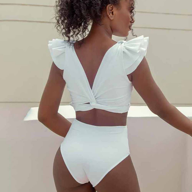 Ühevärviline sügava V-kaelusega volangidega lõhestatud ujumistrikoo Tankini naiste ujumiskostüüm, kaks osa, seksikas must plusssuuruses suvine rannariided 2022