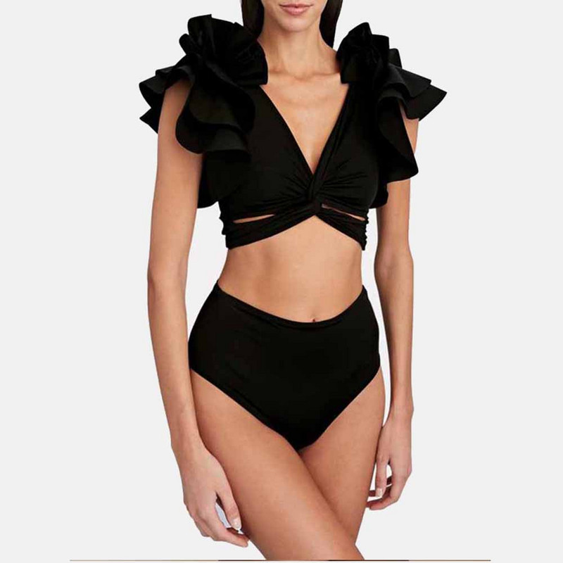 Ühevärviline sügava V-kaelusega volangidega lõhestatud ujumistrikoo Tankini naiste ujumiskostüüm, kaks osa, seksikas must plusssuuruses suvine rannariided 2022