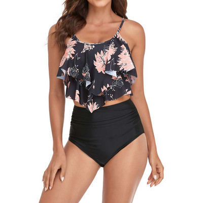 Costum de baie cu talie înaltă, pentru femei, 2022, cu volant, tankini, sexy, cu push-up, bikini, costum de baie, crop top cu halter, imprimeu cu flori Купальник