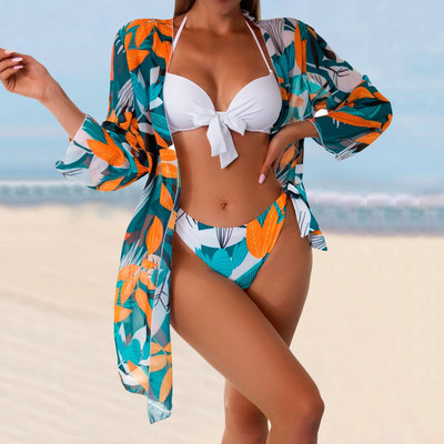 Σέξι γυναικείο μπικίνι 3 τεμαχίων με στάμπες μπικίνι ψηλόμεσο 2023 Γυναικείο μαγιό με μακρύ μανίκι Push Up Plus Size