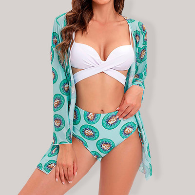 Σέξι γυναικείο μπικίνι 3 τεμαχίων με στάμπες μπικίνι ψηλόμεσο 2023 Γυναικείο μαγιό με μακρύ μανίκι Push Up Plus Size