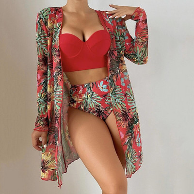 Σέξι γυναικείο μπικίνι 3 τεμαχίων με στάμπες μπικίνι ψηλόμεσο 2023 Γυναικείο μαγιό με μακρύ μανίκι Push Up Plus Size