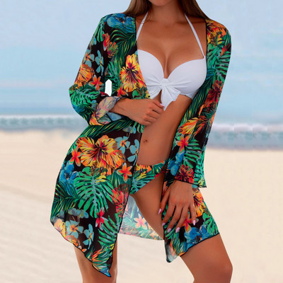 Σέξι γυναικείο μπικίνι 3 τεμαχίων με στάμπες μπικίνι ψηλόμεσο 2023 Γυναικείο μαγιό με μακρύ μανίκι Push Up Plus Size