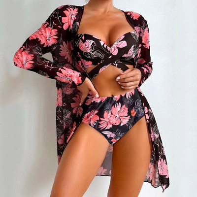 Σέξι γυναικείο μπικίνι 3 τεμαχίων με στάμπες μπικίνι ψηλόμεσο 2023 Γυναικείο μαγιό με μακρύ μανίκι Push Up Plus Size