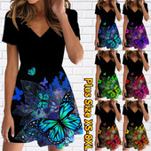 Vasaras modes svārki ar īsām piedurknēm Sieviešu V veida kakla izgriezuma svārki ar tauriņu apdruku līdz ceļgalam Seksīga slaida kleita Ikdienas retro, plāni svārki