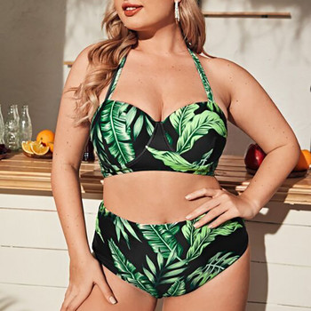 Νέο τύπωμα φύλλων ψηλής μέσης Fat Woman Bikini μεγάλο μέγεθος X-4xl Split One Piece Γυναικείο μαγιό με μαξιλαράκι στο στήθος Χωρίς ατσάλινο σουτιέν Μαγιό