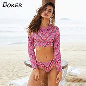 Bohēmisks sieviešu peldkostīms ar apdruku ar garām piedurknēm, slaids, kontrastējošas krāsas dalīts peldkostīms ar apaļu kakla izgriezumu ar augstu vidukļa bikini