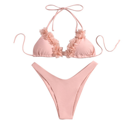 Bikini costum de baie pentru femei, la modă, cu talie înaltă, roz din nailon, cu volan, din dantelă, costum de baie купальник 2022 новинка ropas de baño