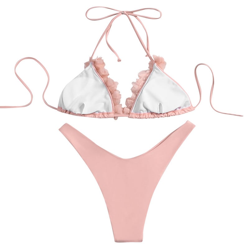 Bikini costum de baie pentru femei, la modă, cu talie înaltă, roz din nailon, cu volan, din dantelă, costum de baie купальник 2022 новинка ropas de baño