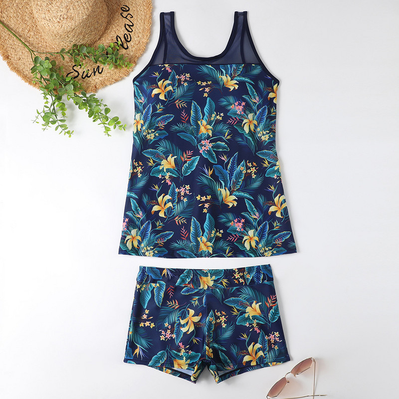 BLESSKISS Мрежест бански костюм Tankini от 2 части Дамски бански костюм с голям размер 2023 Летен бански костюм с флорални бански костюм с шорти