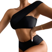 2022. aasta seksikas mustad bikiinid Bandeau naiste ühe õlaga kõrge vöökohaga ujumisriided ujumistrikoo bikiinide komplekt ujumiskostüüm Bikini Taille Haute