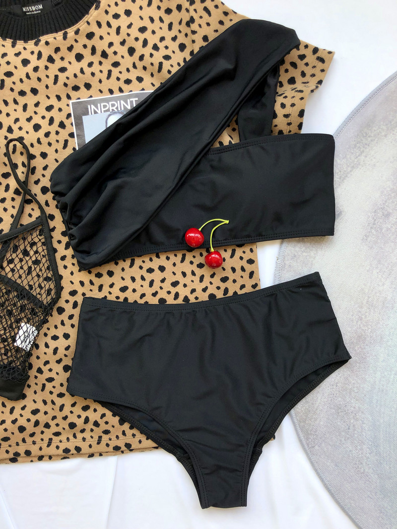 2022. aasta seksikas mustad bikiinid Bandeau naiste ühe õlaga kõrge vöökohaga ujumisriided ujumistrikoo bikiinide komplekt ujumiskostüüm Bikini Taille Haute