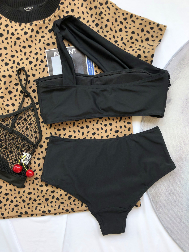 2022. aasta seksikas mustad bikiinid Bandeau naiste ühe õlaga kõrge vöökohaga ujumisriided ujumistrikoo bikiinide komplekt ujumiskostüüm Bikini Taille Haute
