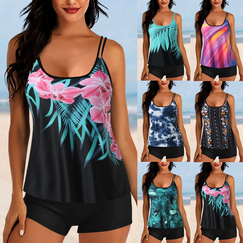 Ujumisriided Naiste lühikeste pükstega Ujumiskostüümid Prindi Rihmaga seljakomplekt Kaheosalised ujumisriided Ujumisriided Rannarõivad Купальник Женский