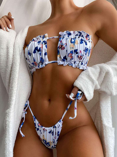 2023 Bikini sexy plisat Bandeau Costum de baie Femei Costume de baie Femei Mini Thong Bikini Set Baia de înot îmbrăcăminte de plajă pentru costum de baie