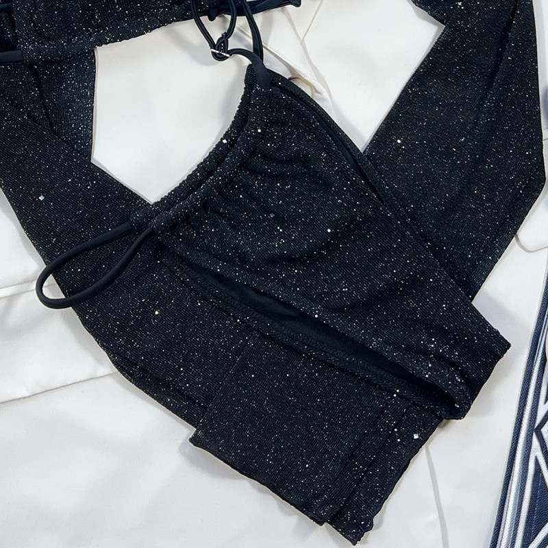 Trīs daļas ar piedurknēm pārklāj mirdzoši bikini, 2023. gada sieviešu peldkostīmu pārsējs bez aizmugures ar augstu vidukli, siksnu peldkostīmi vasaras pludmalē