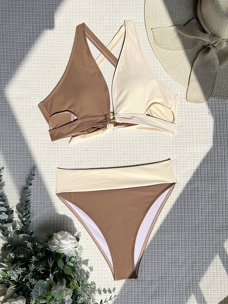 Yiiciovy sieviešu bikini peldkostīmi divdaļīgi šņorējami bikini komplekts Seksīgs raibs peldkostīms peldkostīms ar augstu vidukli Pludmales apģērbs