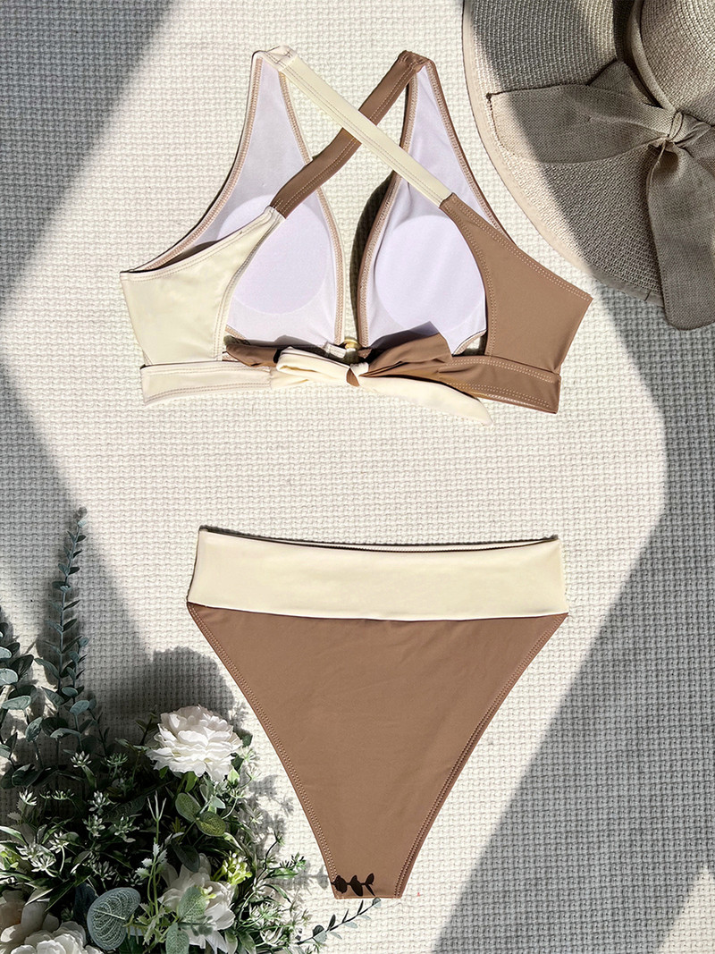 Yiiciovy sieviešu bikini peldkostīmi divdaļīgi šņorējami bikini komplekts Seksīgs raibs peldkostīms peldkostīms ar augstu vidukli Pludmales apģērbs