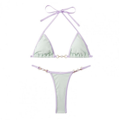 2 tk/komplekt naiste bikiinikomplekt, kontrastvärvi, päitsed, kael, kolme punkti imitatsiooniga pärl sügava V-kaelusega ujumiskostüümid suplejad