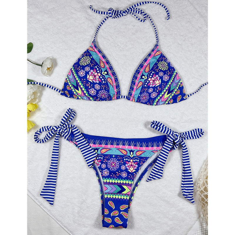 2023 Нови ретро многоцветни бикини с принт Дамски секси бански костюми с халтер Плувен комплект бикини за плаж Push Up бански костюми Бразилия