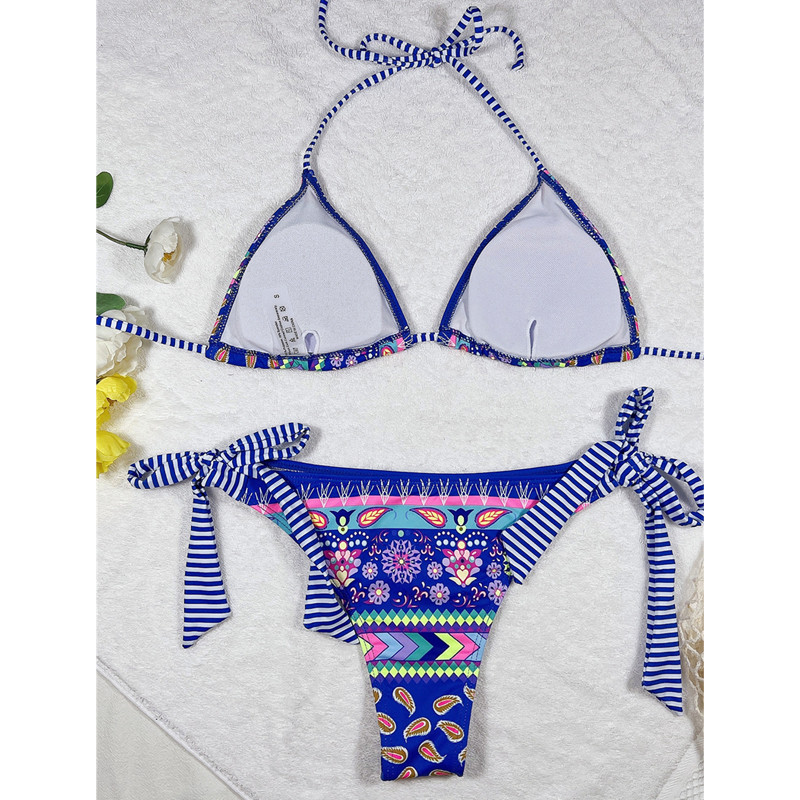 2023 Нови ретро многоцветни бикини с принт Дамски секси бански костюми с халтер Плувен комплект бикини за плаж Push Up бански костюми Бразилия