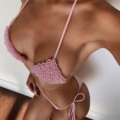 Bikini pentru femei 2023 Bikini cu perle Costum de baie sexy cu tanga Costum de baie de culoare solidă cu șireturi Bikini căptușiți cu împingere