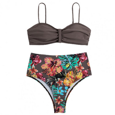 2 tk / komplekt Plisseeritud Bandeau reguleeritavad rihmad bikiinikomplekt Ühevärviline rinnahoidja kõrge vöökohaga lillelised püksid Ujumisriided Rannariided ujumiseks